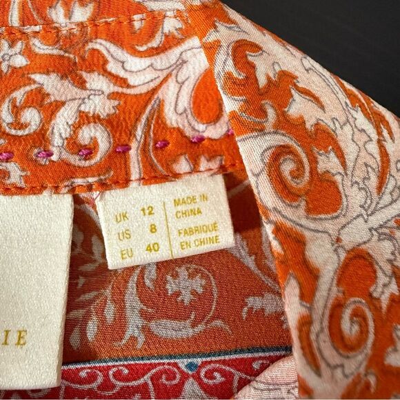 Maeve Anthropologie Potala Blouse Sz 8 Pink Orange Scarf Print Silk Button Up - Picture 9 of 12